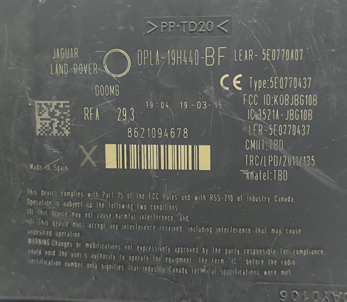 JAGUAR XF XJ KEYLESS ENTRY IMMOBILISER MODULE DPLA-19H440-BF 2010-2019 - Image 7